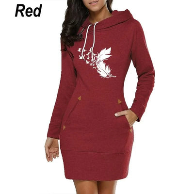 Women Hoodie Dress Sweatshirt Pullover Dress Autumn Winter Feather printed Long Sleeve Slim Pocket Hoodie Dress