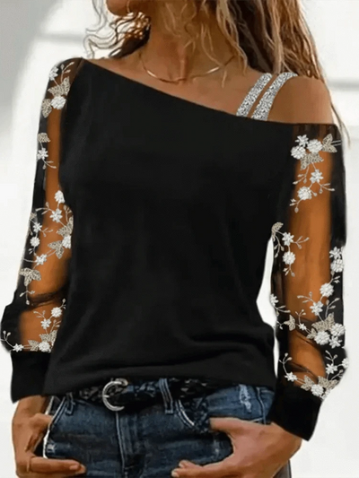 Women Casual Diagonal Collar Long Sleeve Tops