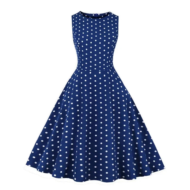 2025 New Women Party Dress Dot Print Sleeveless A Line 50s Evening Gowns Red A-line Tight Waist Prom Banquet Summer Midi Dress - Elanique