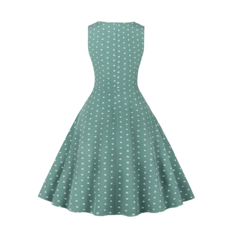 2025 New Women Party Dress Dot Print Sleeveless A Line 50s Evening Gowns Red A-line Tight Waist Prom Banquet Summer Midi Dress - Elanique