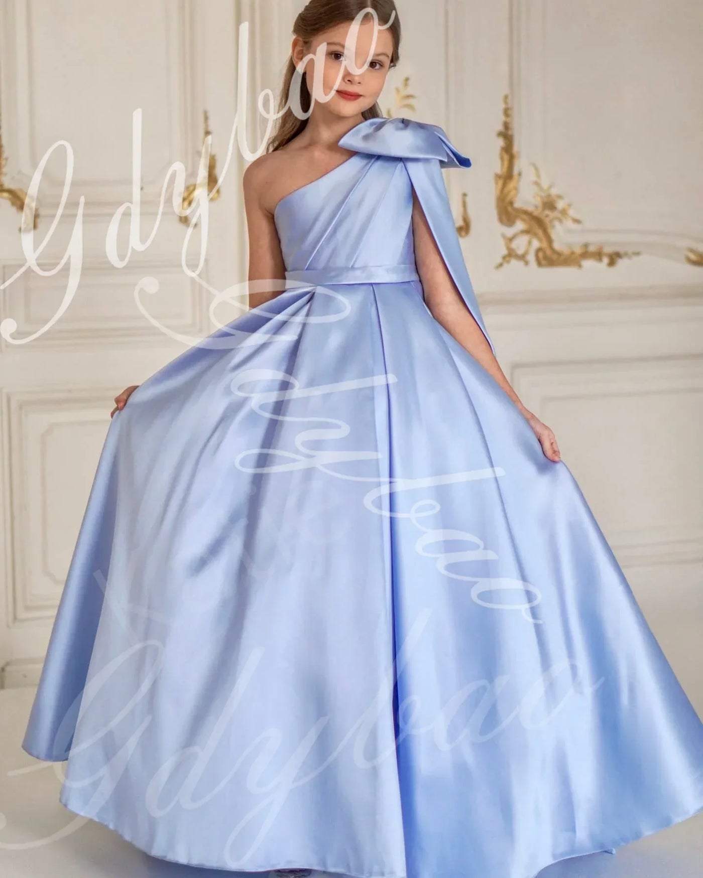 Sky Blue Satin Flower Girl Dress For Wedding One Shoulder With Bow Princess Kids Birthday Party First Communion Ball Gowns
