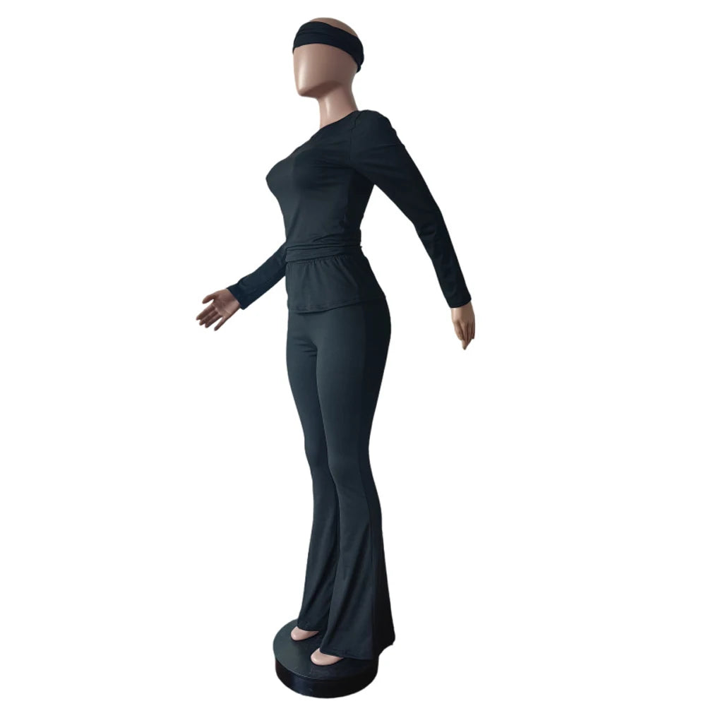 2 Two Piece Lounge Wear for Women 2024 Loungewear With Headband Yoga Outfit Long Sleeve Tops and Flare Pants Sets Tracksuit