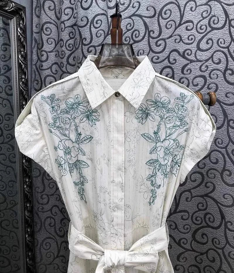 Newest Fashion Summer Dress 2025 High Quality Cotton Women Turn-down Collar Floral Embroidery Short Sleeve Long Shirt Dress Belt