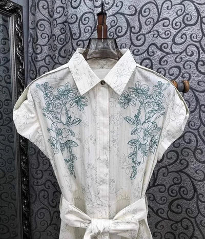 Newest Fashion Summer Dress 2025 High Quality Cotton Women Turn-down Collar Floral Embroidery Short Sleeve Long Shirt Dress Belt