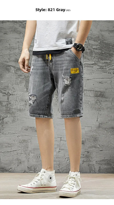 Summer Denim Shorts For Men Trendy Ripped Elastic Waist Loose Fit Casual Jeans 5 Minute Length Middle Pants