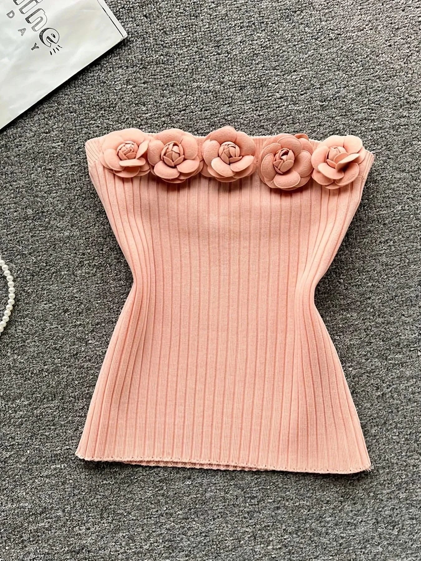Pink Solid Sexy Off Shoulder Knitted Tube Top for Women