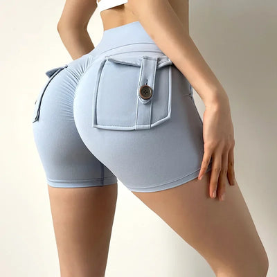 Shorts Women Solid Yoga Pants Pocket Button Short Pant Slim Fit Trousers Wrap Hip Splice Sporty High Waist Lady Summer
