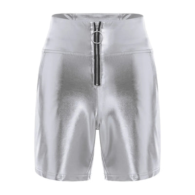 Womens Metallic Shiny Biker Tights Rave Shorts Music Festival Motor Riding Bottoms Front Zipper Pockets Bodycon Shorts Costumes