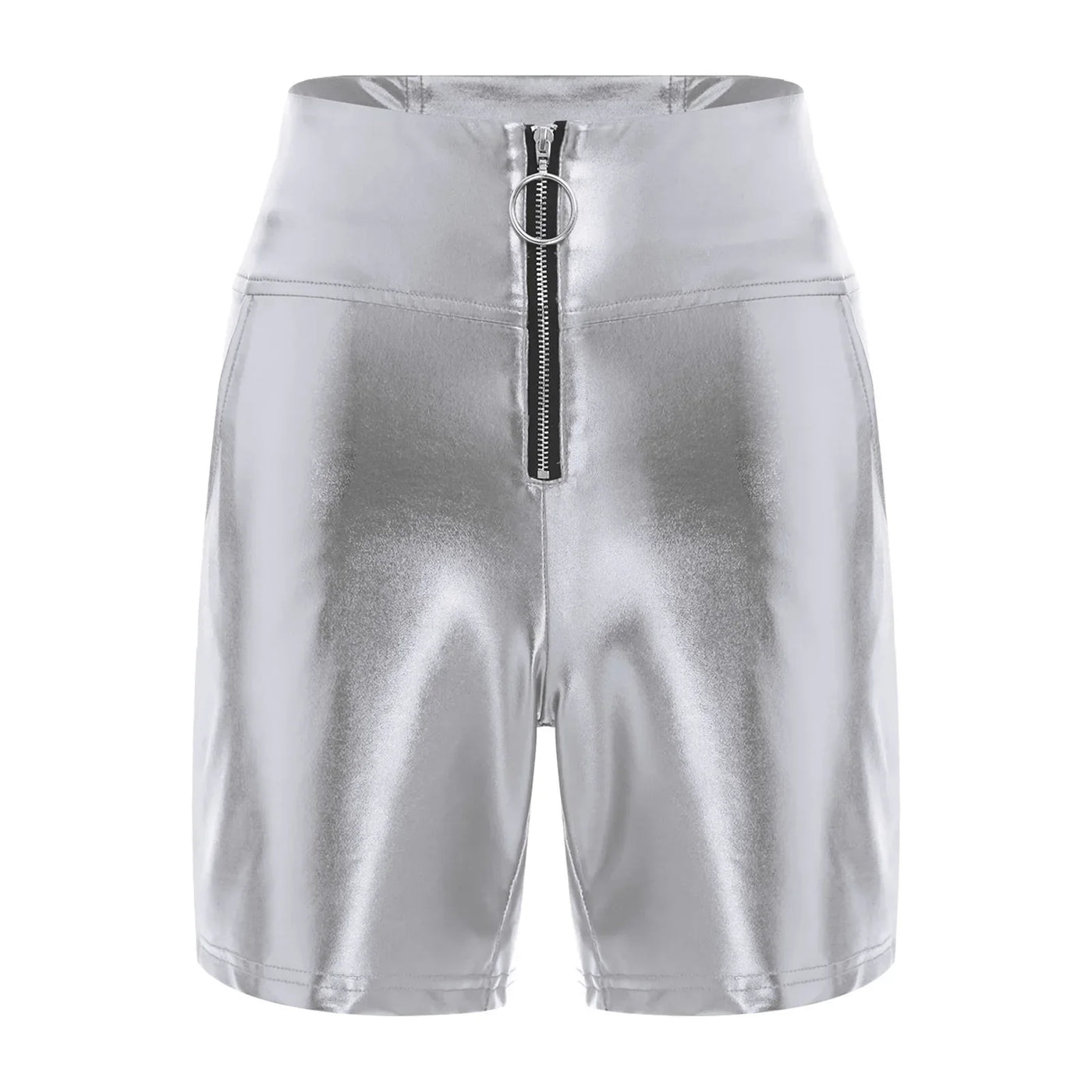 Womens Metallic Shiny Biker Tights Shorts High Waist Front Zipper Pockets Bodycon Short Leggings Motor Riding Dance Shorts