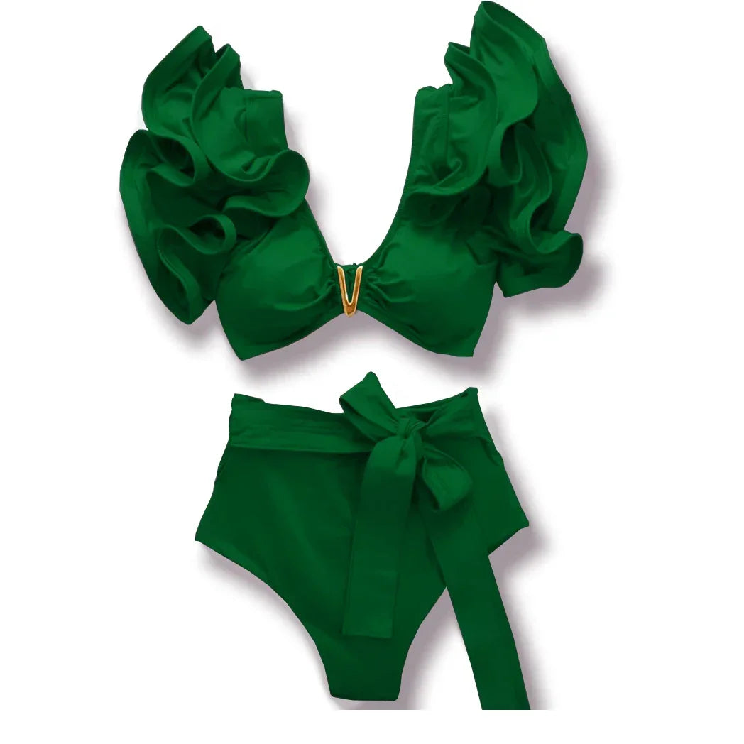 Swimwear High Waist Bikinis with Belt V Neck Shirring Swimsuit Women Ruffle Bathing Suit y2k Drawstring Beachwear