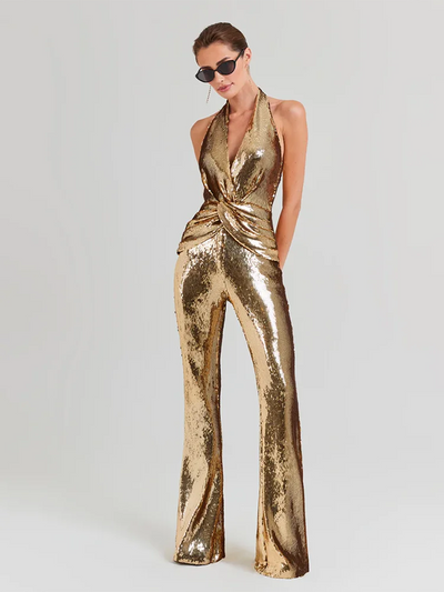 Women's Sleeveless Gold Sequin Jumpsuit Sexy V Neck Sparkle Sequined High Waist Wide Leg Pants Jumpsuit Celebrity Evening Party