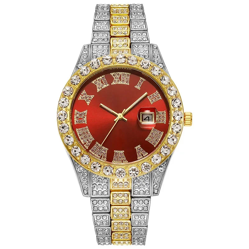 Personalized Hip Hop Watch with Shiny Rhinestones for Men, Luxury Clock, Band Length, Iced Steel Belt, 40mm Diameter Glass Dial