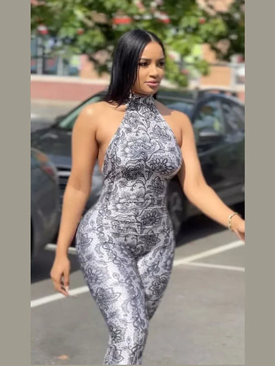 kliou Attractive Y2K Women Jumpsuits Fashion Print Halter Backless High Collar Off Shoulder Overalls Female Midnight Clubwear