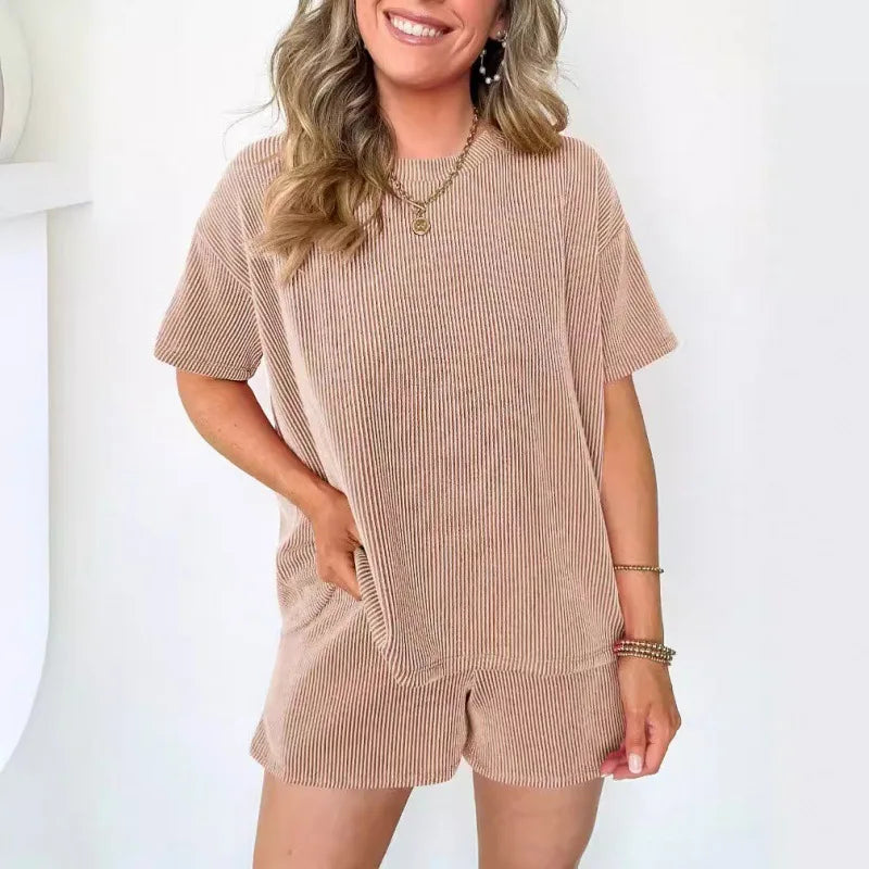 Women's clothing 2025 summer short-sleeved wavy crew neck top, elastic waist shorts two-piece set