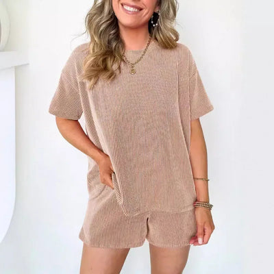 Women's clothing 2025 summer short-sleeved wavy crew neck top, elastic waist shorts two-piece set