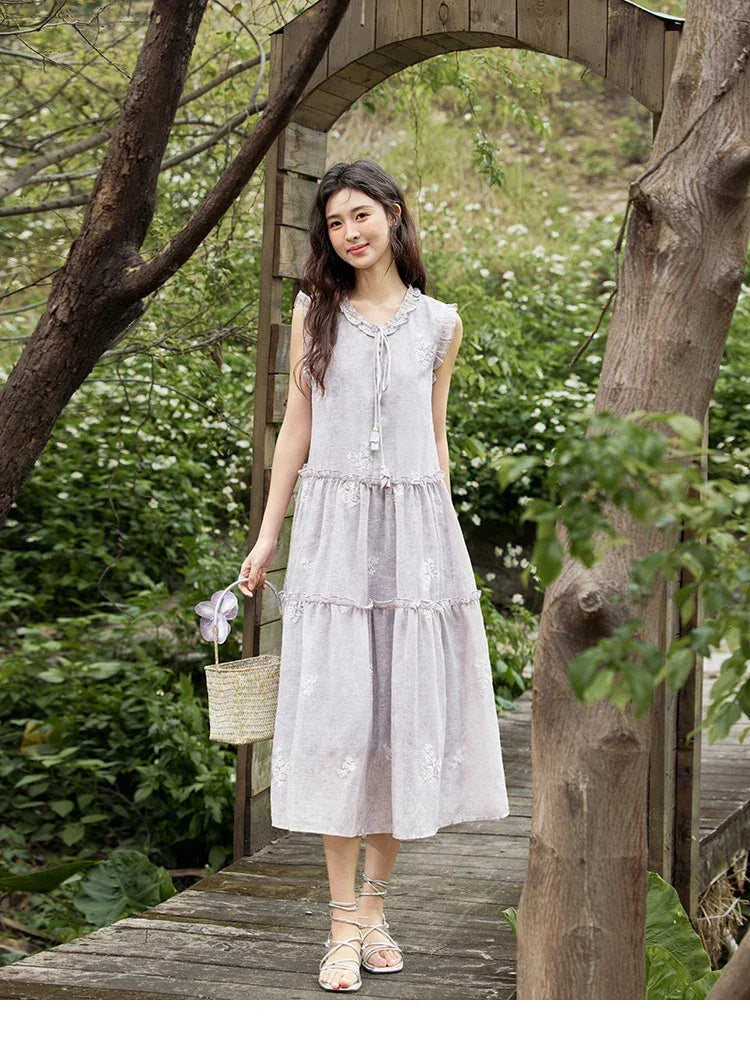 MISHOW Summer Embroidered Dress for Women 2025 New Round Neck Ruffled Sleeveless A-line Midi Dresses Female Fashion MXE33L2231
