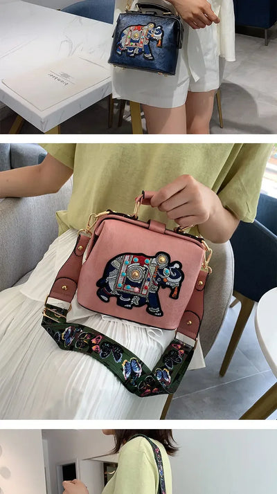 Fashion Women Leather Handbag Messenger Bag Purses Satchels Designer Luxury Handbags Crossbody Bags Elephant Embroidered Bags