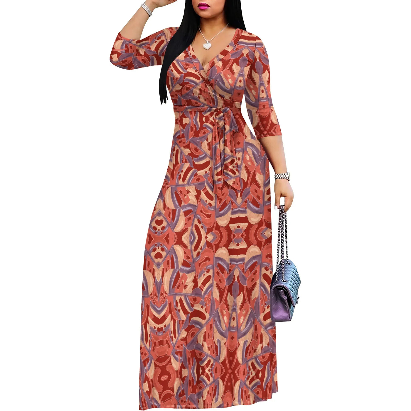Boho Tropical Flowers Graphics Dresses for Women V Neck Maxi Dress Flowy 3/4 Sleeve with Belt