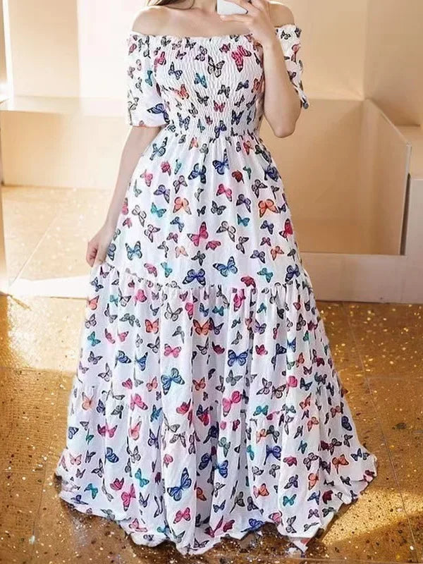 Summer Dresses for Women Print Off Shoulder Broken Flower Open Shoulder Long Dress Streetwear