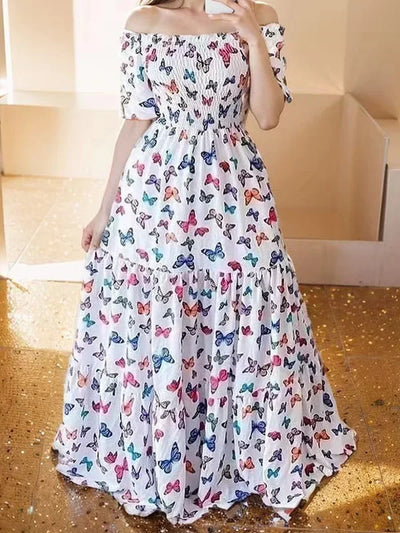 Summer Dresses for Women Print Off Shoulder Broken Flower Open Shoulder Long Dress Streetwear