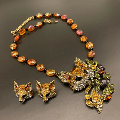 Luxury Crystal Cat Necklace Earrings Exaggerated Beaded Rhinestones Pendant Necklace Accessories Neck Jewelry