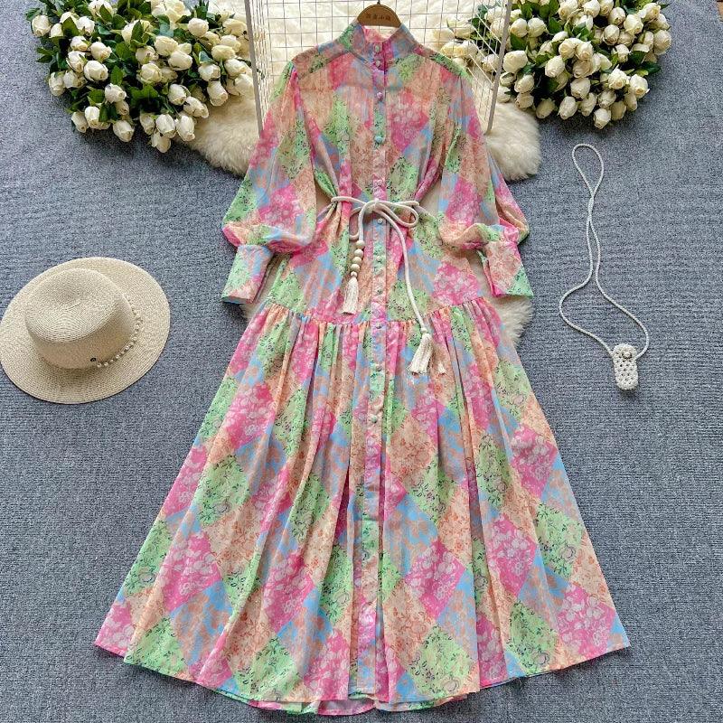 Long Dress Women Dresses A Line Chiffon Vestidos Stand Collar Streetwear Floral Print Elegant Splice Y2k Party Night High Waist