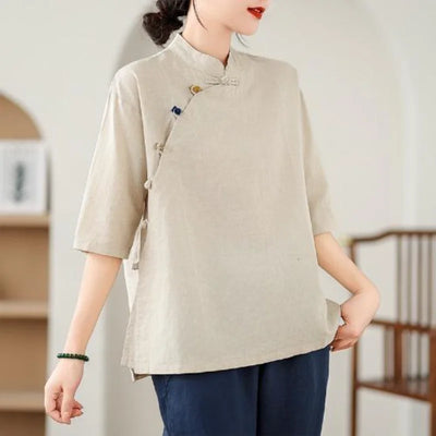 New Women's Retro Cotton Linen Short-sleeved Shirt with Diagonal Placket and Stand-up Collar Tea Top