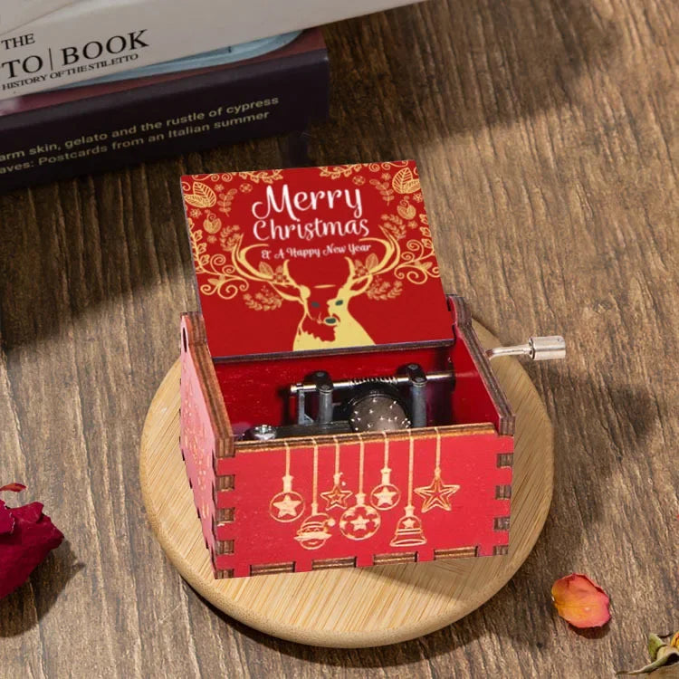 Merry Christmas Music Box Wooden Hand Cranked Music Box Vintage Happy New Year Music Box Gift Music Box Birthday Gift