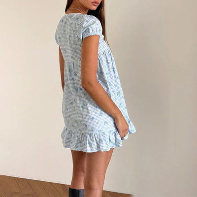 Women's Floral Print Mini Dress Short Sleeve Square Neck Ruffle Hem Babydoll Dress Casual Dress Y2k Gingham Streetwear
