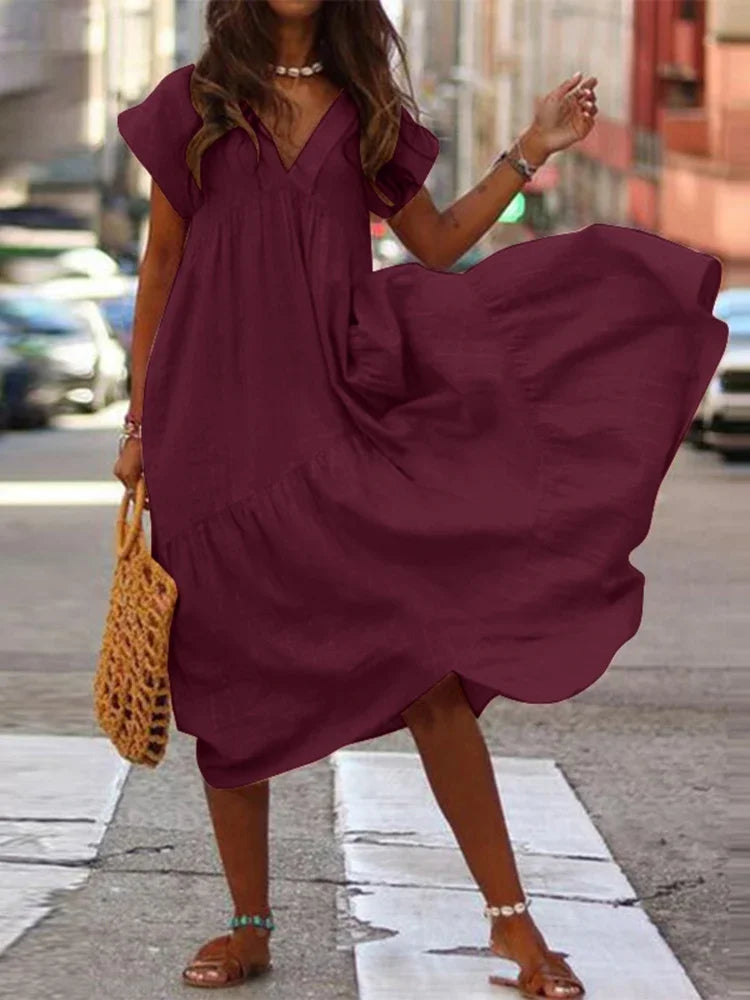 Bohemian Summer Dress for Women V Neck Vestidos Ladies Streetwear Solid Ruffle Dresses Asymmetrical Loose Robe Women Clothing
