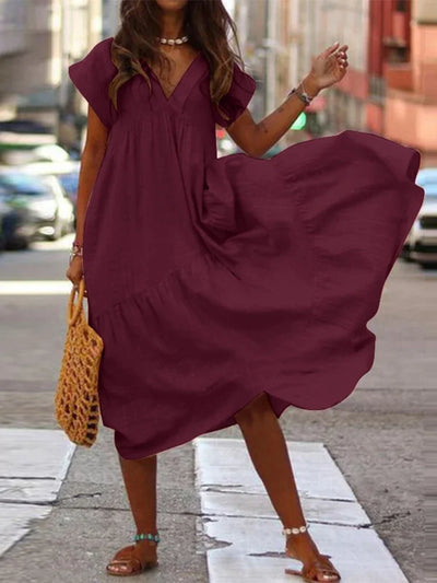 Bohemian Summer Dress for Women V Neck Vestidos Ladies Streetwear Solid Ruffle Dresses Asymmetrical Loose Robe Women Clothing
