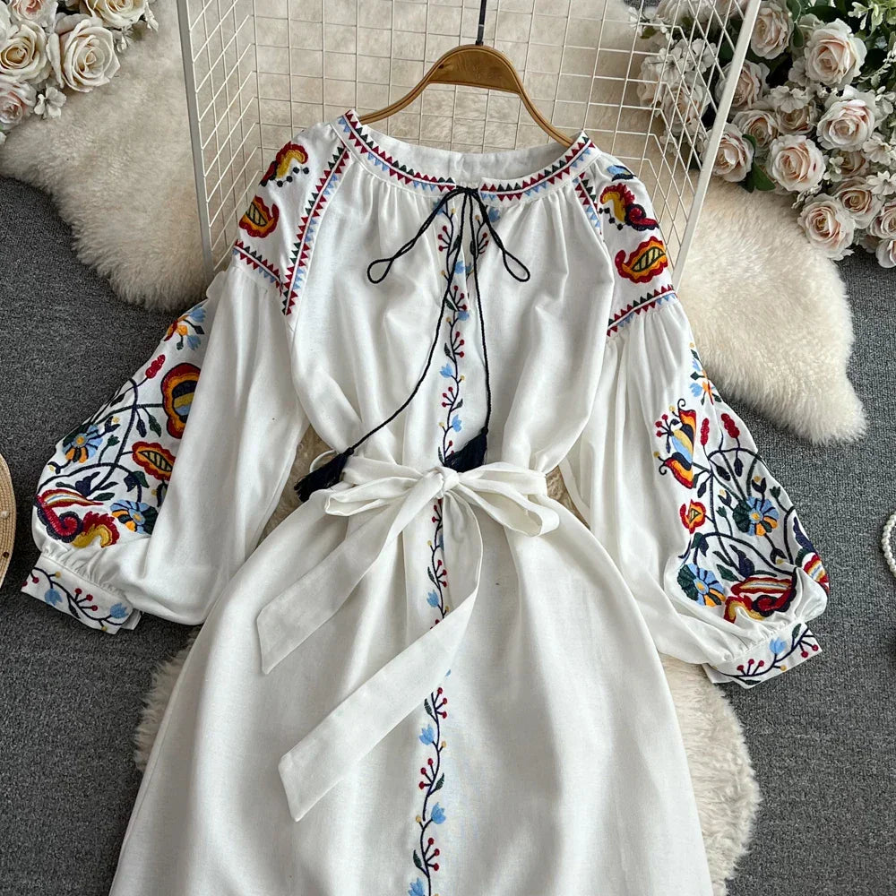 Boho Vintage Spring Autumn Women's Dress Ethnic Style Sundress Long Sleeve Embroidered Cotton Linen Black Beach Dresses платье