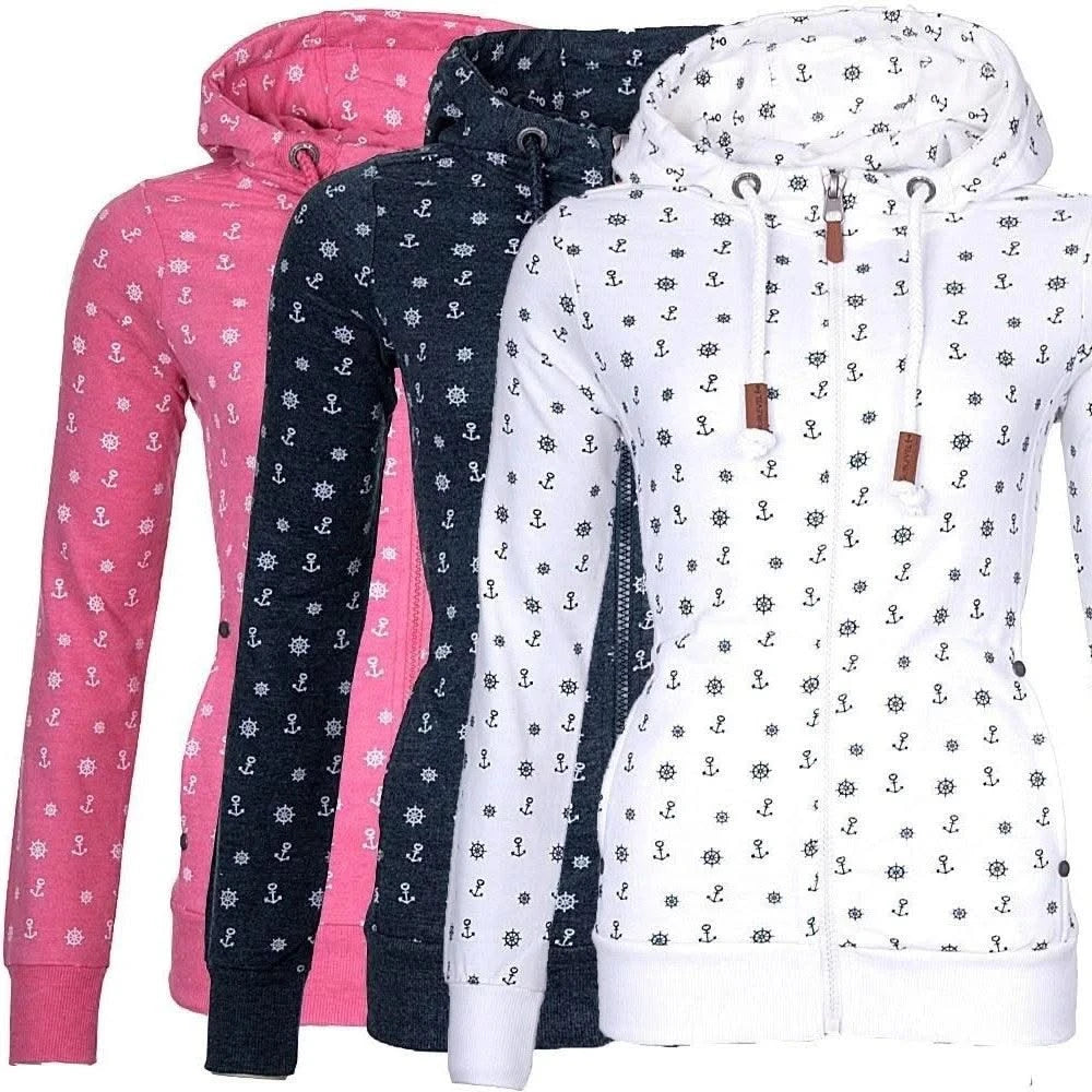 NEW Women Hooded Fleeces Oversize Sea Anchor Print Zipper coat Jumper Casual Sweatshirt Tops Autumn long sleeve hooded sw