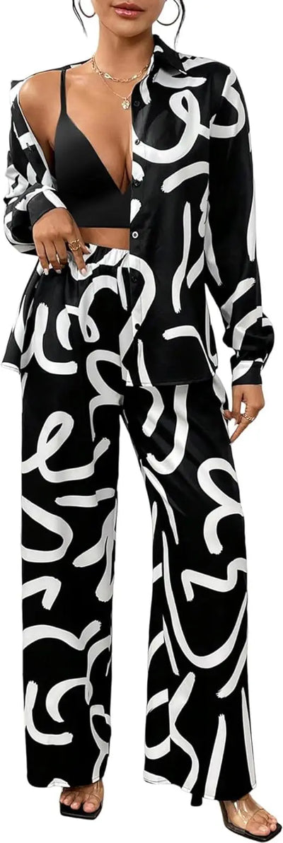 Women Clothing 2024 Autumn New Fashion Print Set Casual Button Collar Shirt Long Sleeved Wide Leg Pants Long Pants Two-piece Set