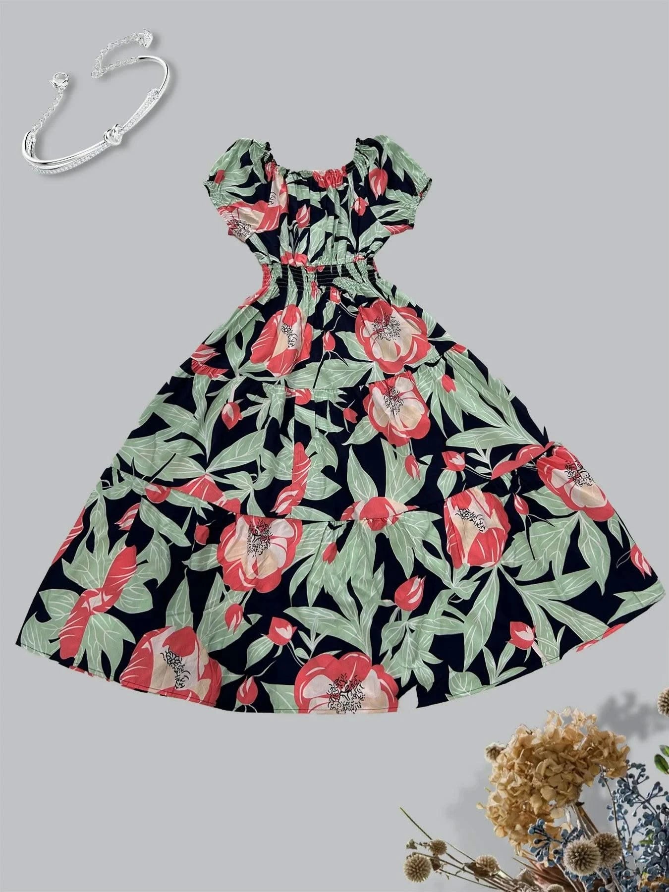 Women's Floral Summer Fashion Women's Print One-line Shoulder Dress Summer Beach Vacation Dress Causul Dress for Women