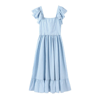 Ruffle Dress Women Fashion Backless A Line Slim Waist Striped Robe Female Flying Sleeves Buttons 2025 Summer Elegant Streetwear