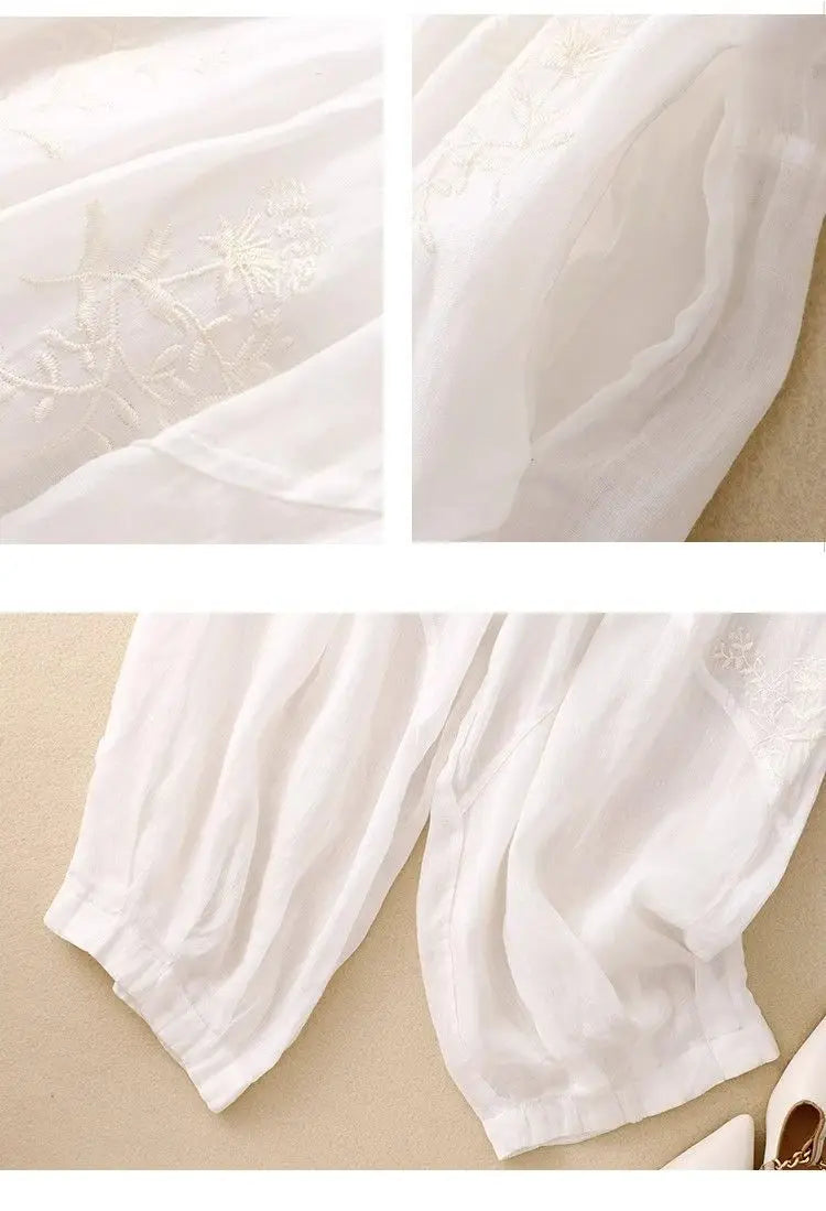 Cotton and Linen Harem Women Summer Vintage Embroidery Lightweight Breathable Lantern Pants