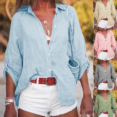 Women Cotton Linen Blouse Shirt Summer Female Turn Down Collar Three Quarter Loose Blouse Tops Woman shirts & blouses