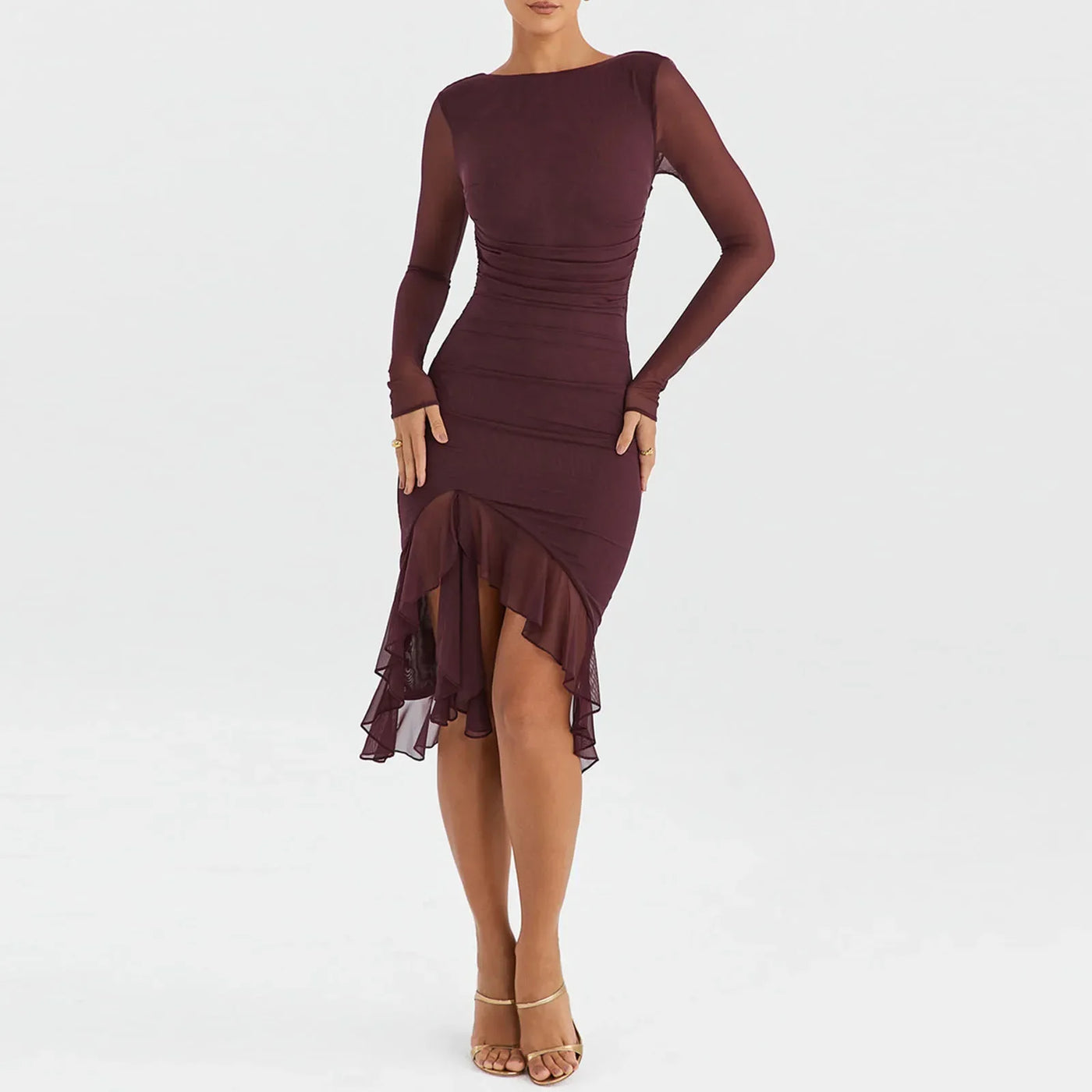 Women Midi Dress Long Sleeve Irregular Mesh Ruffles Mermaid Dress Sexy Backless Party Cocktail Dress