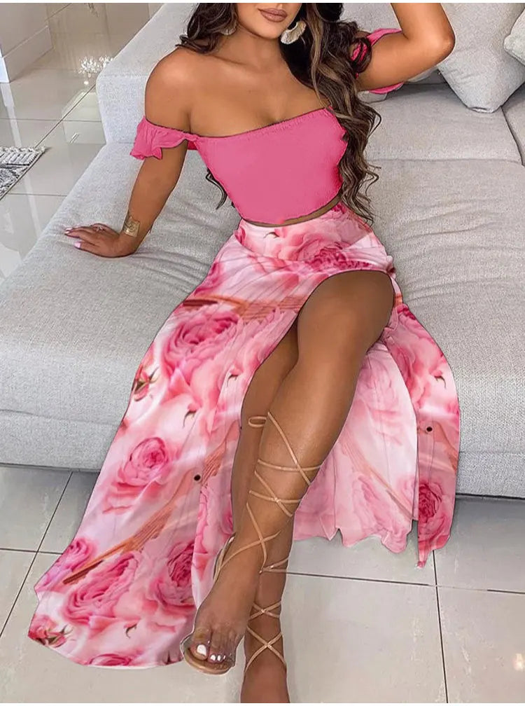 Summer Fashion Sets For Women 2 Pieces Solid Pleated Tops & Floral Print High Waist Midi Skirt Female Chic Lady Long Skirts Set