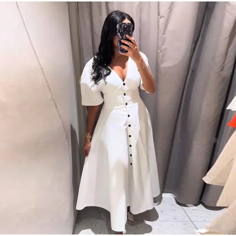 Women's Dress 2025 Summer Autumn New White Short Sleeve Buttons V Neck Midi Dress Casual Fashion Personality Versatile Vestidos