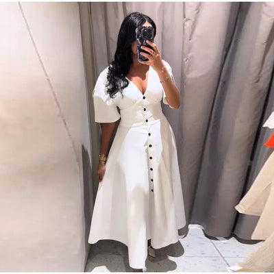 Women's Dress 2025 Summer Autumn New White Short Sleeve Buttons V Neck Midi Dress Casual Fashion Personality Versatile Vestidos
