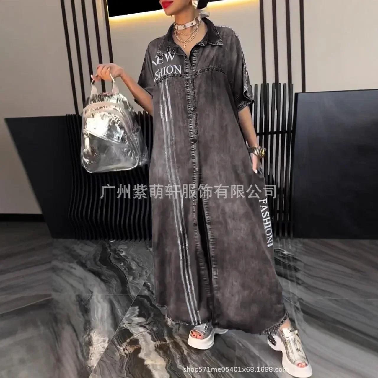 Denim Dress Women Long Dresses Letter Print Vestidos Single Breasted Turn Down Collar Distressed Maxi Gown Summer A Line