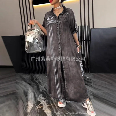 Denim Dress Women Long Dresses Letter Print Vestidos Single Breasted Turn Down Collar Distressed Maxi Gown Summer A Line