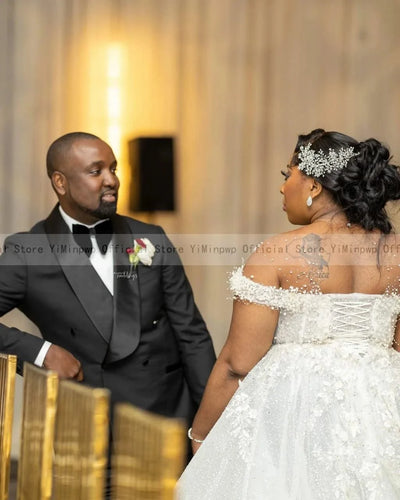 Wedding Dresses for Bride Sheer Neck Lace up Back Sequins Pearls PLUS SIZE ONLY