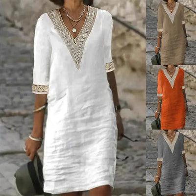 Women's Casual Midi Dresses 2025 Spring/summer Lace Cotton Linen White Dress Robes Vestido Branco Vestidos Vestidos De Mujer