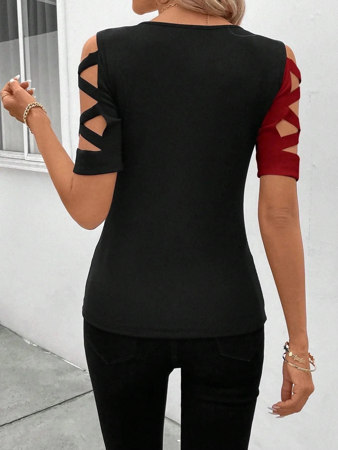 Women's Blouses T-shirt Summer New Colour Block Cross Off Shoulder