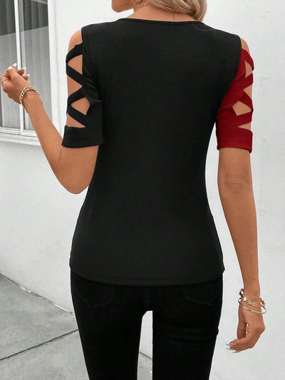 Women's Blouses T-shirt Summer New Colour Block Cross Off Shoulder