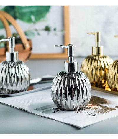 Luxury Gold Soap Dispenser with Press handle  Ceramic Dispenser Silver Dispenser with stainless steel Tray Bathroom Accessory