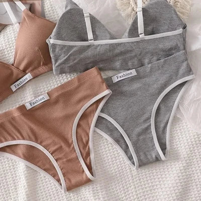 Women Cotton Bra And Panties Set Low Rise Briefs Panties Non-Wire Vneck Bras Sexy Lingerie Push Up Brassiere Female Underwear